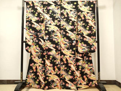 平和屋着物■豪華振袖　立波花船文　黒地　金彩　正絹　逸品　DABF0509ea