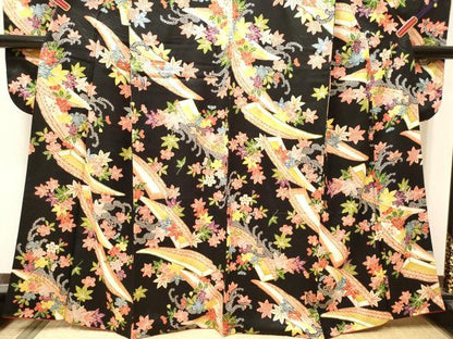 平和屋着物■豪華振袖　立波花船文　黒地　金彩　正絹　逸品　DABF0509ea