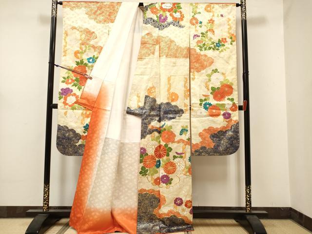 平和屋着物■豪華振袖　駒刺繍　雲重ね花文　金彩　正絹　逸品　DABF0514ea