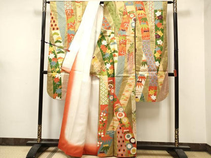 平和屋着物■豪華振袖　駒刺繍　吉祥花松文　金彩　正絹　逸品　DABF0517ea
