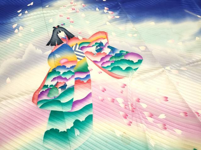 平和屋着物■絵本作家　永田萌　振袖　舞桜　女人舞蝶風景文　暈し染め　正絹　逸品　DABF0519ea