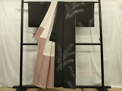 平和屋着物■訪問着　寿光織　枝葉文　黒地　金銀糸　正絹　逸品　DABF0593ya