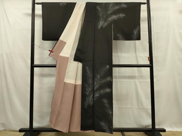 平和屋着物■訪問着　寿光織　枝葉文　黒地　金銀糸　正絹　逸品　DABF0593ya
