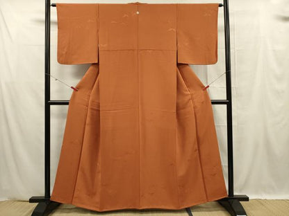 平和屋着物■上質な色無地　枝葉地紋　蜜柑色　正絹　逸品　DABF0610ya