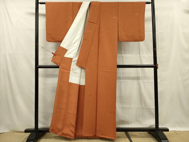 平和屋着物■上質な色無地　枝葉地紋　蜜柑色　正絹　逸品　DABF0610ya