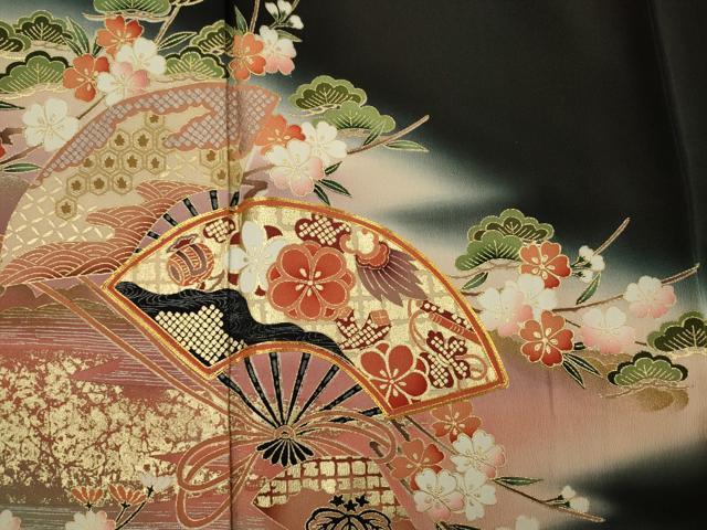 平和屋着物■豪華黒留袖　作家物　駒刺繍　扇面草花文　暈し染め　金彩　正絹　逸品　DABF0620ya