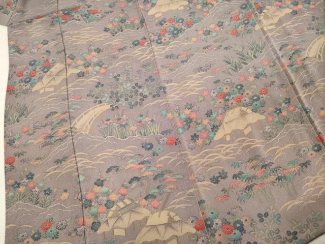 平和屋着物■訪問着 風景花文 金彩 鬼しぼ縮緬 正絹 逸品 DABF0630ya