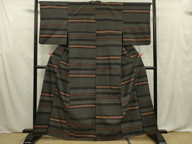 平和屋着物■上質な紬　変わり横段文　黒地　正絹　逸品　DABF0638ya