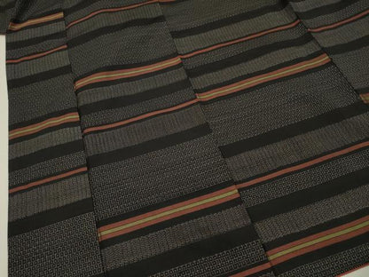 平和屋着物■上質な紬　変わり横段文　黒地　正絹　逸品　DABF0638ya