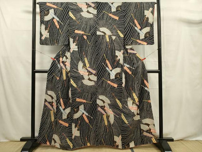 平和屋着物■上質な小紋 扇面文 黒地 金彩 正絹 逸品 未使用 DABF0661ya