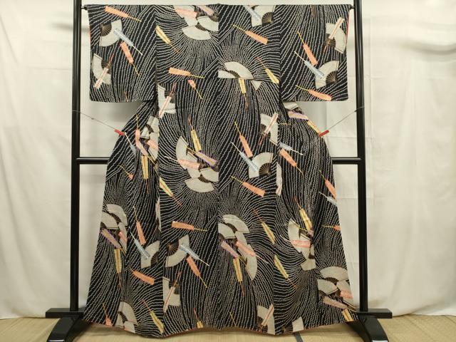 平和屋着物■上質な小紋 扇面文 黒地 金彩 正絹 逸品 未使用 DABF0661ya