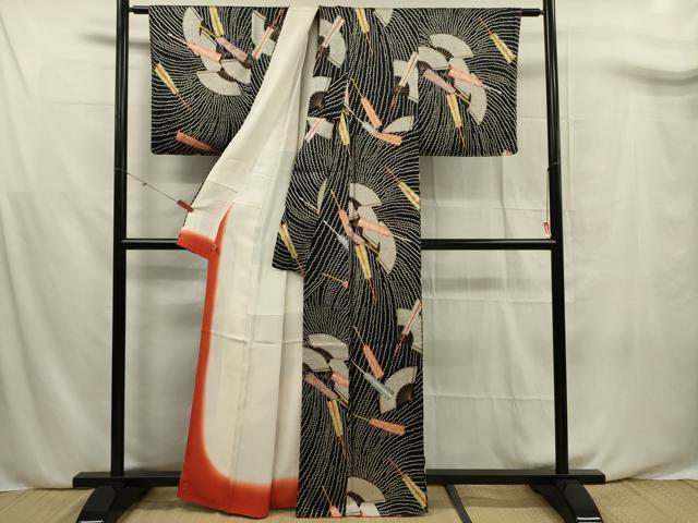 平和屋着物■上質な小紋 扇面文 黒地 金彩 正絹 逸品 未使用 DABF0661ya