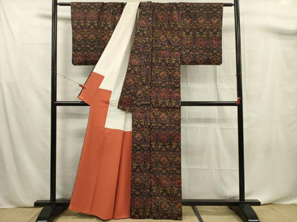 平和屋着物■上質な小紋 紬地 更紗横段文 正絹 逸品 DABF0666ya