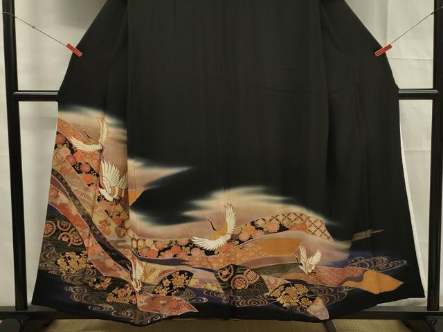 平和屋着物■豪華黒留袖 刺繍 飛鶴吉祥文 金彩 正絹 逸品 DABF0671ya