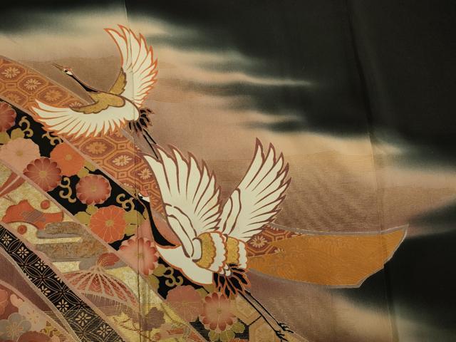 平和屋着物■豪華黒留袖 刺繍 飛鶴吉祥文 金彩 正絹 逸品 DABF0671ya