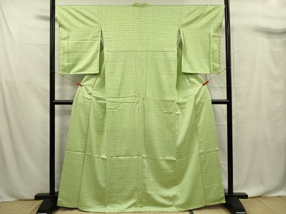 平和屋着物■上質な色無地　市松地紋　若菜色　正絹　逸品　DABF0712ya