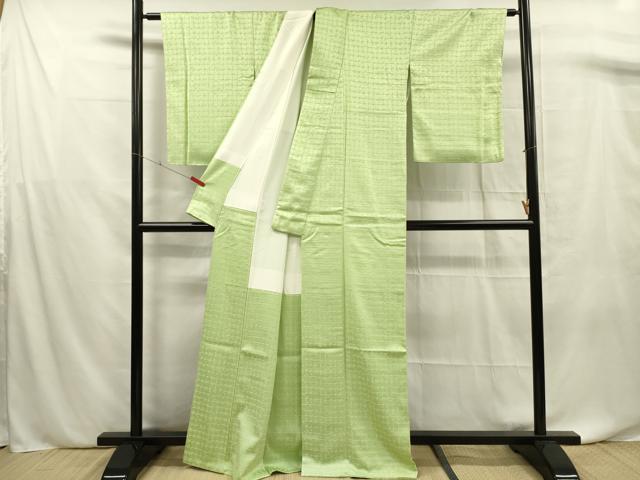 平和屋着物■上質な色無地　市松地紋　若菜色　正絹　逸品　DABF0712ya