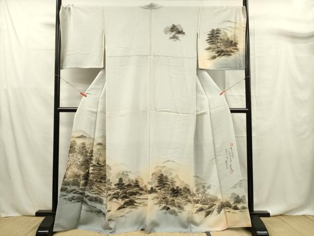 平和屋着物■訪問着 作家物 紬地 手描き 風景文 正絹 逸品 DABF0744ya