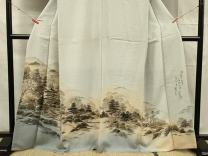 平和屋着物■訪問着 作家物 紬地 手描き 風景文 正絹 逸品 DABF0744ya