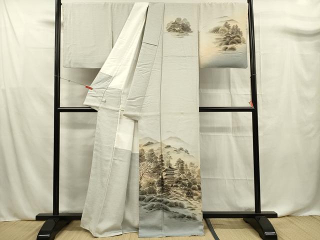 平和屋着物■訪問着 作家物 紬地 手描き 風景文 正絹 逸品 DABF0744ya