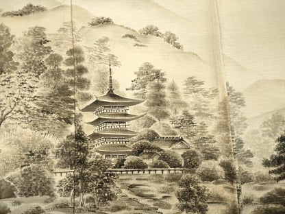 平和屋着物■訪問着 作家物 紬地 手描き 風景文 正絹 逸品 DABF0744ya