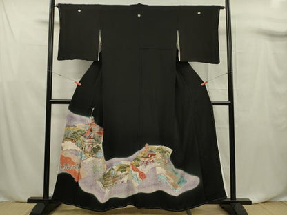 平和屋着物■豪華黒留袖　駒刺繍　風景文　暈し染め　金彩　正絹　逸品　未使用　DABF0755ya