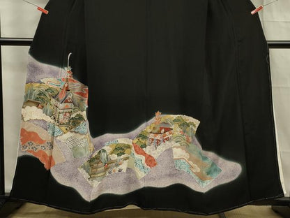平和屋着物■豪華黒留袖　駒刺繍　風景文　暈し染め　金彩　正絹　逸品　未使用　DABF0755ya