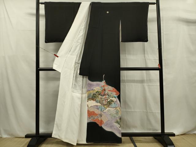 平和屋着物■豪華黒留袖　駒刺繍　風景文　暈し染め　金彩　正絹　逸品　未使用　DABF0755ya