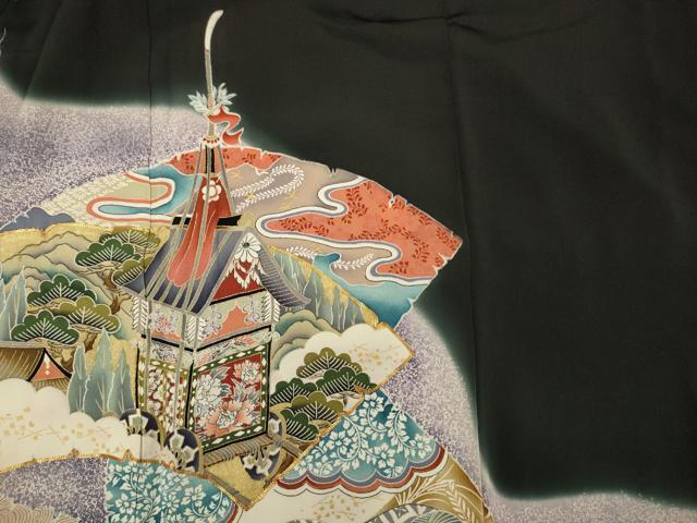平和屋着物■豪華黒留袖　駒刺繍　風景文　暈し染め　金彩　正絹　逸品　未使用　DABF0755ya