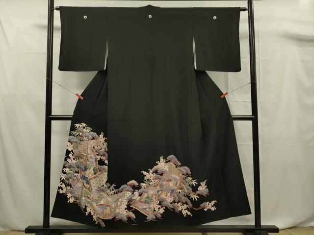 平和屋着物■豪華黒留袖　駒刺繍　絵巻花文　金彩　正絹　逸品　DABF0756ya