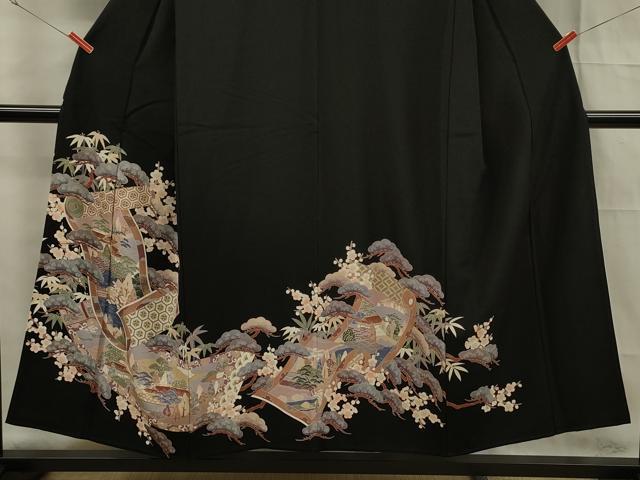 平和屋着物■豪華黒留袖　駒刺繍　絵巻花文　金彩　正絹　逸品　DABF0756ya
