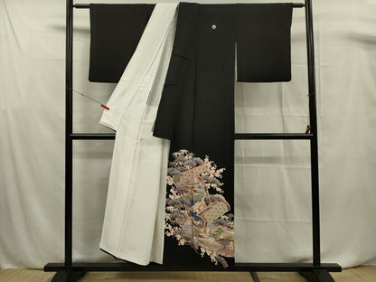 平和屋着物■豪華黒留袖　駒刺繍　絵巻花文　金彩　正絹　逸品　DABF0756ya