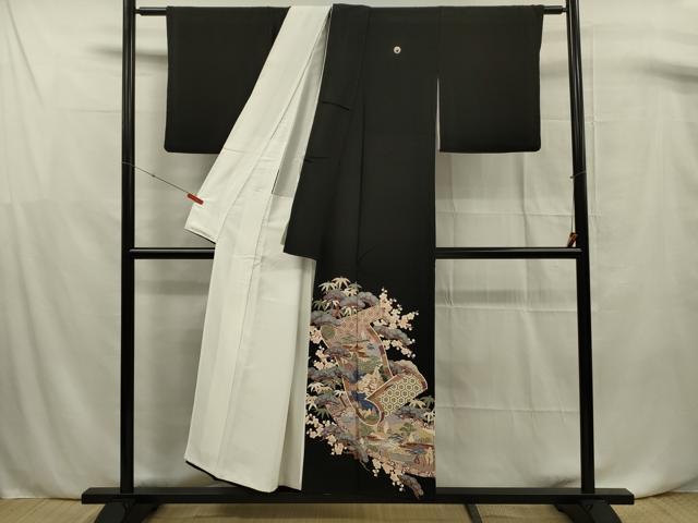 平和屋着物■豪華黒留袖　駒刺繍　絵巻花文　金彩　正絹　逸品　DABF0756ya