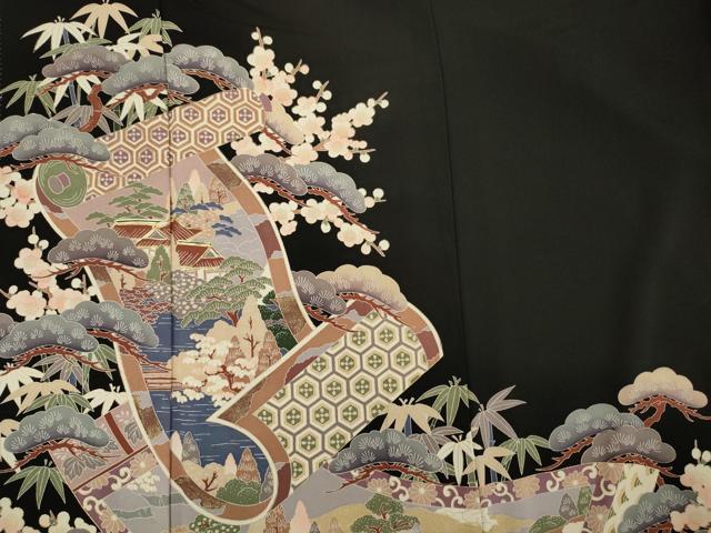 平和屋着物■豪華黒留袖　駒刺繍　絵巻花文　金彩　正絹　逸品　DABF0756ya