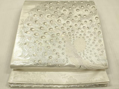 平和屋着物◎太鼓柄袋帯　孔雀文　銀糸　正絹　逸品　DABF0808ya