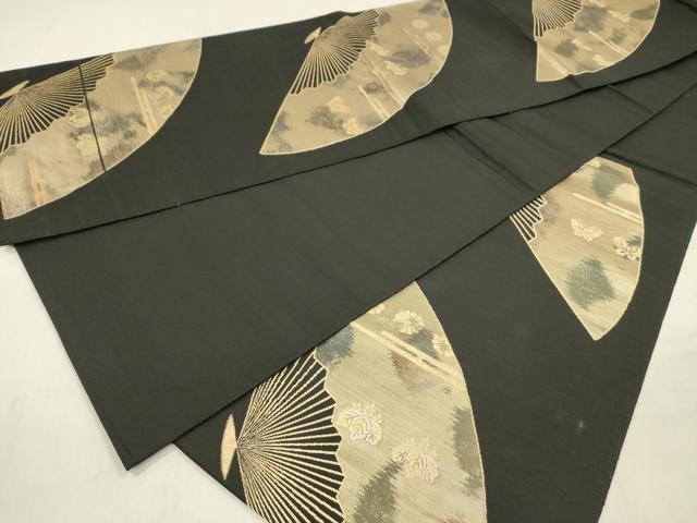 平和屋着物◎六通柄袋帯　舞扇文　黒地　金糸　正絹　逸品　DABF0811ya