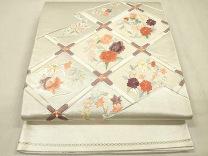 平和屋着物◎太鼓柄袋帯　総刺繍　花天井文　銀糸　正絹　逸品　DABF0814ya