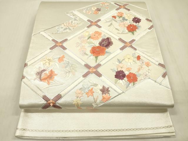 平和屋着物◎太鼓柄袋帯　総刺繍　花天井文　銀糸　正絹　逸品　DABF0814ya