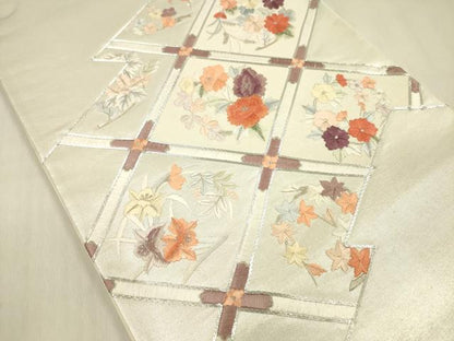 平和屋着物◎太鼓柄袋帯　総刺繍　花天井文　銀糸　正絹　逸品　DABF0814ya