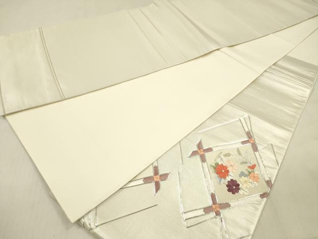 平和屋着物◎太鼓柄袋帯　総刺繍　花天井文　銀糸　正絹　逸品　DABF0814ya