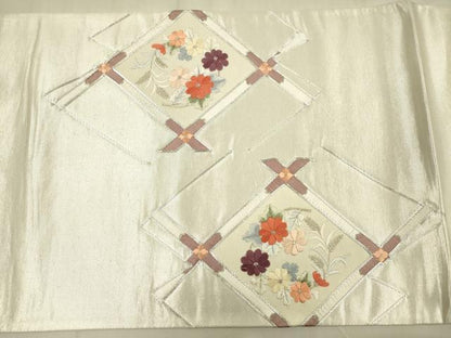 平和屋着物◎太鼓柄袋帯　総刺繍　花天井文　銀糸　正絹　逸品　DABF0814ya