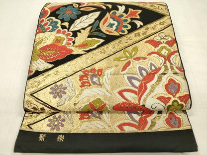 平和屋着物◎京の名門　じゅらく謹製　六通柄　本袋帯　更紗花文　黒地　金糸　正絹　逸品　DABF0820ya