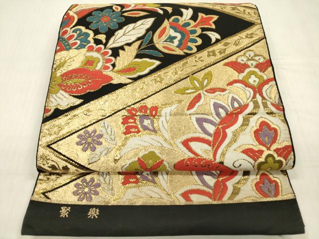 平和屋着物◎京の名門　じゅらく謹製　六通柄　本袋帯　更紗花文　黒地　金糸　正絹　逸品　DABF0820ya