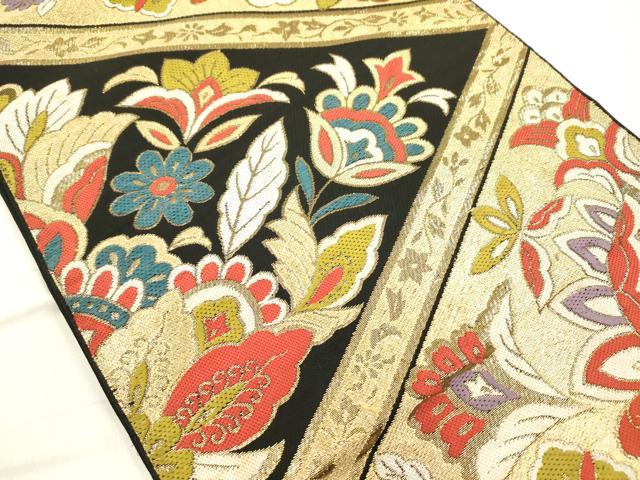 平和屋着物◎京の名門　じゅらく謹製　六通柄　本袋帯　更紗花文　黒地　金糸　正絹　逸品　DABF0820ya