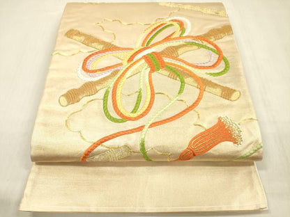 平和屋着物◎太鼓柄袋帯　総刺繍　横笛文　金糸　正絹　逸品　DABF0821ya