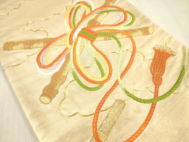 平和屋着物◎太鼓柄袋帯　総刺繍　横笛文　金糸　正絹　逸品　DABF0821ya