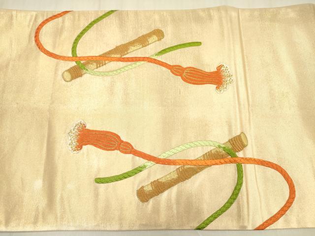平和屋着物◎太鼓柄袋帯　総刺繍　横笛文　金糸　正絹　逸品　DABF0821ya