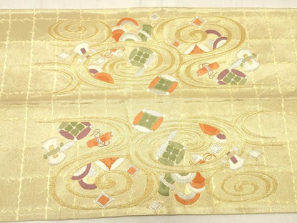 平和屋着物◎太鼓柄袋帯　羽衣　金糸　正絹　逸品　DABF0822ya
