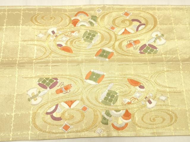 平和屋着物◎太鼓柄袋帯　羽衣　金糸　正絹　逸品　DABF0822ya
