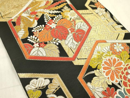 平和屋着物◎六通柄　本袋帯　亀甲花蝶文　黒地　金糸　正絹　逸品　DABF0823ya